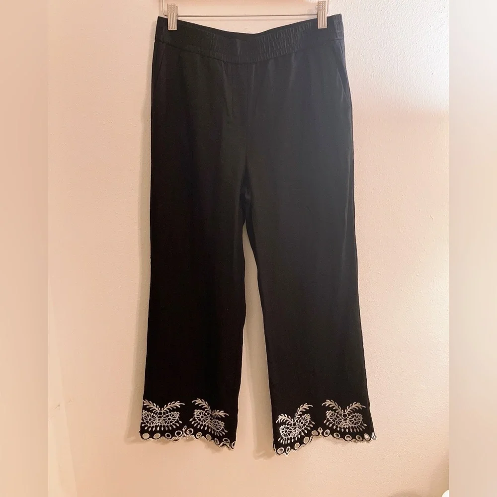 🎀 Maison D’Amelie Wide-Leg High-Rise Embroidered Hem Black Linen Ankle Pants - Picture 2 of 9